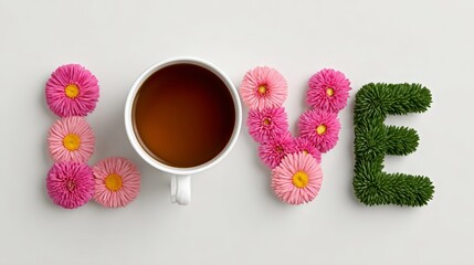 Creative arrangement of the word love formed with vibrant pink flowers and green foliage, accompanied by a cup of tea, showcasing a warm and inviting atmosphere for romantic occasions