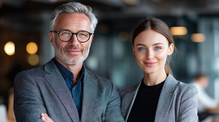 Business Leaders: A captivating shot of two business professionals exuding confidence and expertise. The focus is on a close-up portrait, accentuating their composed and assured demeanor.