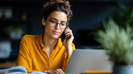 Focused Communication: A focused professional in glasses, engaged in a phone conversation, works attentively with a laptop, exuding diligence and expertise.