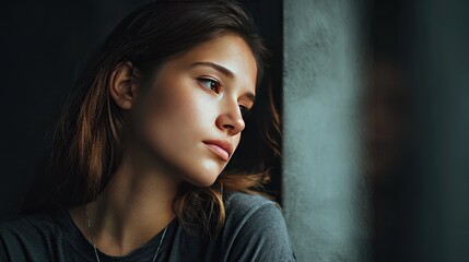Introspective Gaze: A pensive woman gazes out a window, lost in thought. The image is evocative of contemplation, quiet reflection, and moments of introspection. 