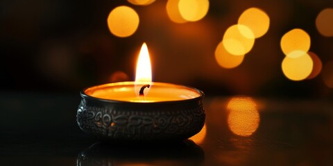 Burning candle creating warm light in the darkness with bokeh effect