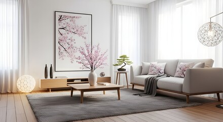 Invite serenity into your designs with this calming living space featuring subtle Japanese influences and a soft, neutral palette perfect for mindful projects
