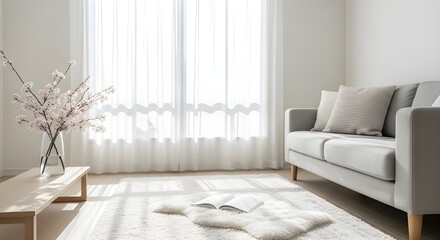Fototapeta premium Create a calming sanctuary with this bright, modern living room featuring soft textures, natural light, and elegant cherry blossoms for a peaceful vibe