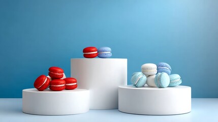 Colorful macarons arranged on white pedestals against a soft blue background, showcasing a delightful assortment of flavors and textures, perfect for dessert lovers and culinary enthusiasts