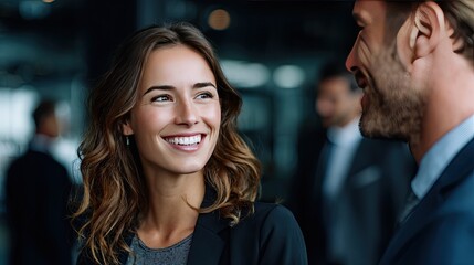 Engaging Business Conversation: A bright and confident woman in a business suit engages in a captivating dialogue with a colleague, reflecting the essence of professional connection and rapport.