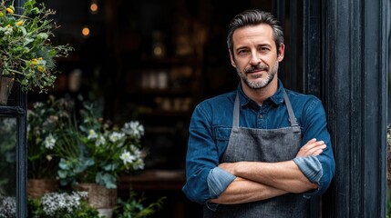Shopkeeper's Stance: A composed and confident shopkeeper stands proudly at the entrance of his shop. The image encapsulates the spirit of local business.