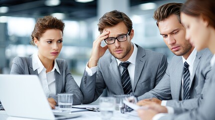 Analyzing the Dilemma: A group of business professionals grapples with challenges, expressing the weight of decision-making within a modern office setting.