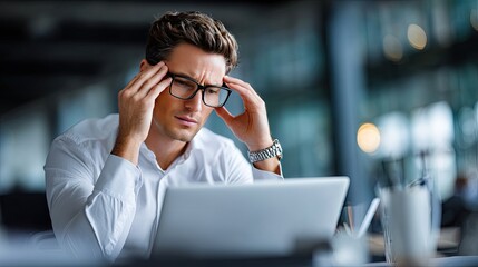 Weary at Work: A professional, shoulders hunched, glasses askew, experiencing a moment of stress or frustration. His gaze is intent on the laptop. 