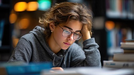 Focused Student in Library: A young individual, absorbed in study, leans on a hand while wearing eyeglasses, surrounded by books in a library, embodies knowledge and concentration. 