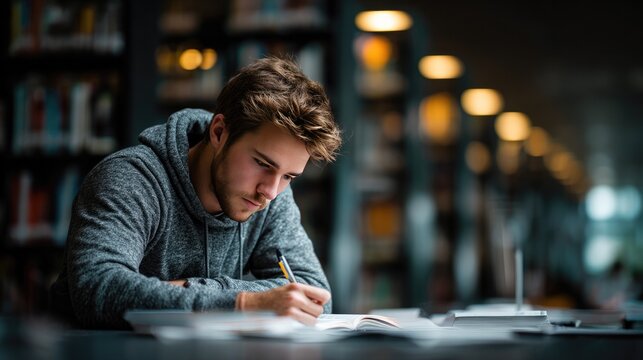 Focused Study in the Library: A contemplative student intently focuses on his studies, engrossed in writing, illuminated by the soft glow of a library, capturing the ambiance of learning and thought.