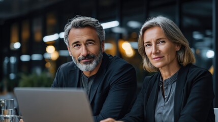 Business Duo: A poised and confident business team collaborates, their expressions reflecting both experience and determination. They are ready to tackle challenges and achieve their goals.