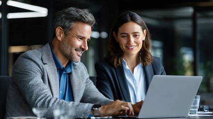 Business Partnership and Technology: Two business individuals, male and female, collaborate over a laptop, showcasing modern technology in a professional workspace.