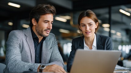 Business Discussions and Collaboration: Two professionals engage in a focused discussion, working closely together on a project, their attention captured by a laptop screen.
