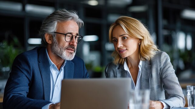 Consultation and Collaboration: Two professionals engaged in a focused discussion, analyzing data on a laptop in a modern office, representing the core of teamwork and expertise.