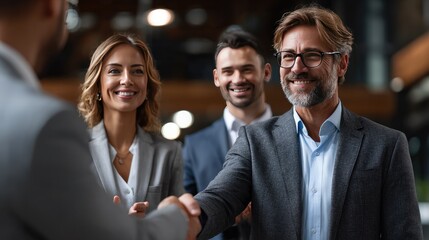 Handshake in Business Deal: The image captures a pivotal moment of collaboration as two individuals seal a successful business agreement with a firm handshake.
