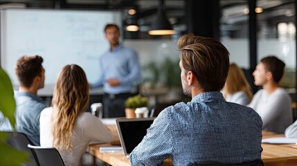 **Collaboration in the Workplace**: A group of employees engages in a dynamic meeting, attentively listening to a presenter, fostering an atmosphere of professional interaction and knowledge-sharing.
