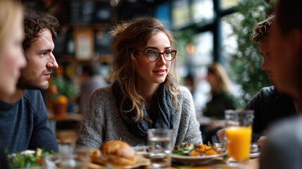 Intimate Lunchtime Conversations: A group of friends gathers around a table, the atmosphere is filled with easy laughter, candid discussions, and warm, shared meals, captured in natural lighting.