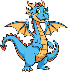 Fototapeta premium Bright blue cartoon dragon with orange wings and horns, friendly smiling fantasy creature illustration ideal for children’s books, games, animation, and digital artwork