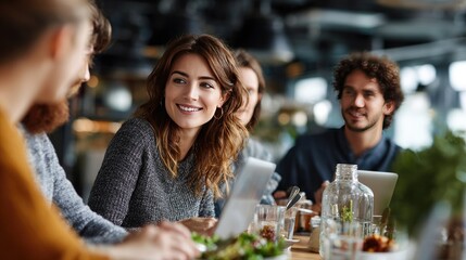 Coffee Break Collaboration: A team of colleagues enjoys a convivial coffee break at a cafe, their faces illuminated by the warm glow of natural light. They engage in a relaxed exchange of ideas.