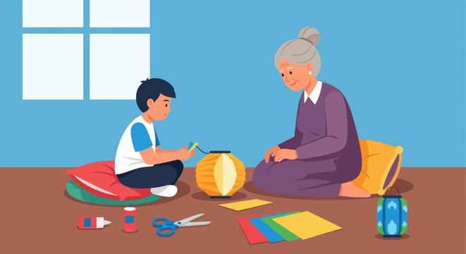Grandmother and grandson creating colorful lanterns during craft session in a