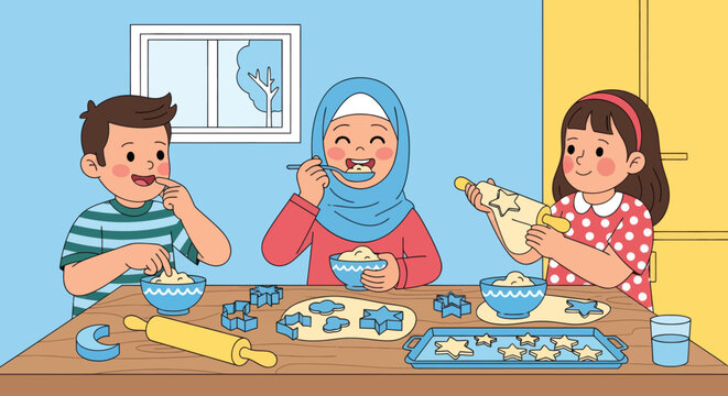 Joyful family baking cookies together in a bright kitchen during daytime with
