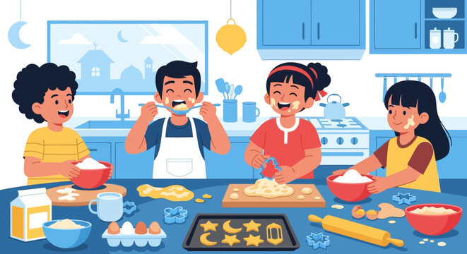 Joyful children baking and decorating cookies together in a bright modern