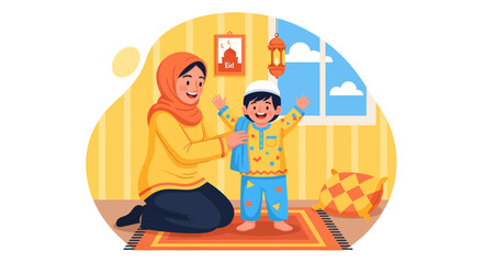 joyful mother and son celebrating together in a vibrant indoor setting with