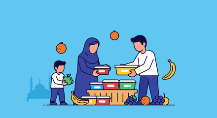 Family Shopping for Fresh Fruits and Vegetables at Outdoor Market Scene