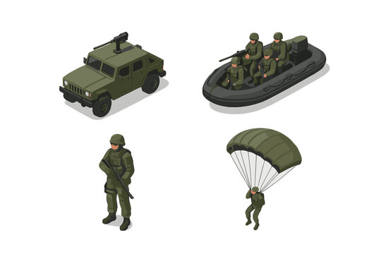 Isometric military set featuring army soldiers, tactical vehicle, rubber boat, and paratrooper descending