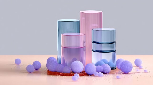 Colorful transparent containers in varying heights and sizes, arranged artistically on a smooth surface, surrounded by decorative spheres, creating a modern and vibrant aesthetic for design purposes