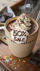 Hot chocolate mug with whipped cream rainbow sprinkles and 50 percent sale decoration full hd 4k stock image download