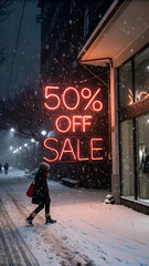 Person walking past neon 50 percent off sale sign in snowfall full hd 4k stock image download winter