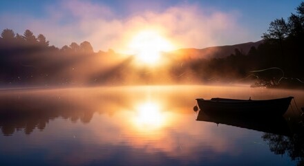 Dawn's Serenity: The image captures a serene morning on a misty lake, with the sun rising and casting a warm glow, as a boat gently floats, evoking peace and tranquility.