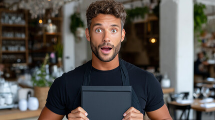 Surprised Young Waiter Holding a Plain Black Menu Board in Café

