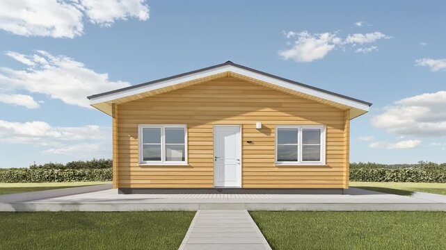Yellow Wooden Cabin With Gable Roof And White Trim