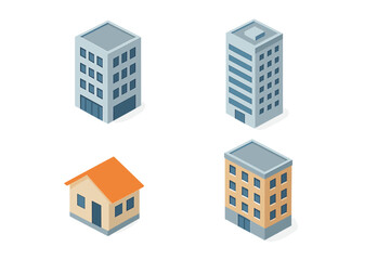 Set of four isometric architectural elements including residential house and modern city buildings