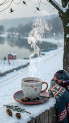 Steaming hot chocolate in a decorated mug with a scarf and pinecones on a snowy winter day full hd 4k stock image download