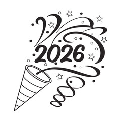New Year 2026 with swirling confetti silhouette black fill