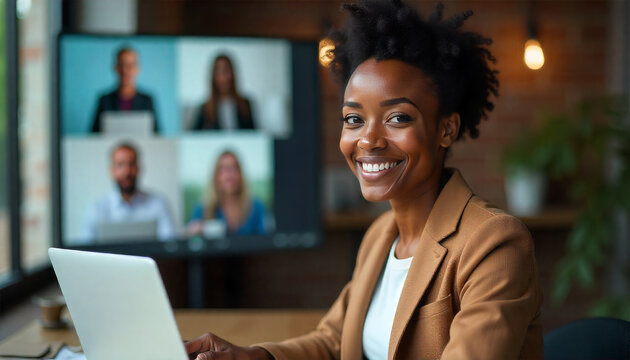 Remote Work Video Call with Professional Woman smiling during an online meeting representing digital communication teamwork productivity modern workplace culture and flexible business environment suit