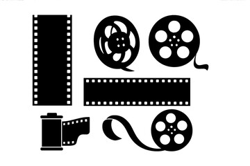Fototapeta premium Black silhouette icons of film strips, movie reels, and camera canisters
