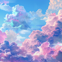 Clouds in shades of blue, green, pink, and purple drift gently across the sky, creating a dreamy and magical display