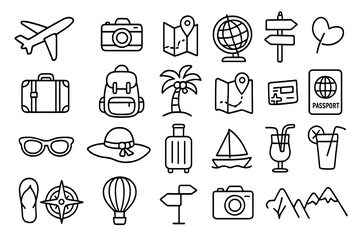 Essential travel and tourism symbols for vacation planning and global adventure