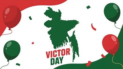 Bangladesh victory day vector poster with map silhouette red and green balloons confetti circular badge bold victor day lettering for 16 december national celebration and patriotic tribute