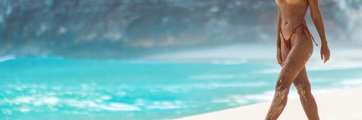 Topless Woman In Red Bikini Bottom Walking On Beach With Sandy Tanned Legs