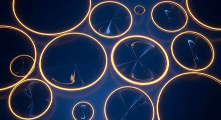 Abstract Pattern of Interconnected Glowing Golden Rings on a Dark Blue Background