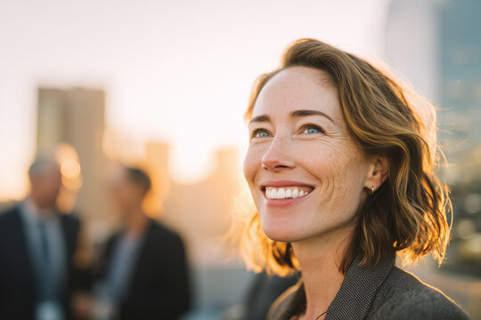 Confident professional woman smiling on a rooftop at golden hour — corporate headshot conveying leadership, optimism and career success against urban skyline