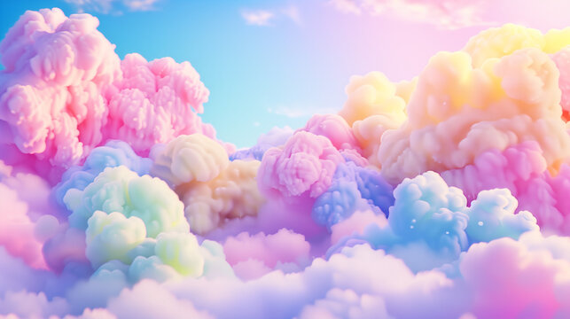 Clouds in shades of blue, green, pink, and purple drift gently across the sky, creating a dreamy and magical display