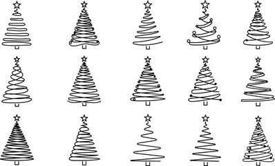 Set of 15 Abstract Christmas Tree Vector Icons, Continuous Line Art Design Collection, Minimalist Xmas Holiday Decoration