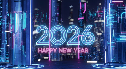 Happy New Year 2026 Neon Text with Futuristic Cyberpunk Cityscape Background