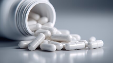 capsules spilling from a plain white bottle onto a smooth surface, Photorealism, natural soft lighting, 50mm lens, neutral palette, calm informative mood